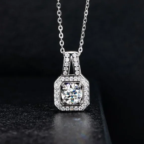 Certified 2ct. t.w. Moissanite Diamond Square Halo Pendant Necklace NEW - Picture 6 of 15